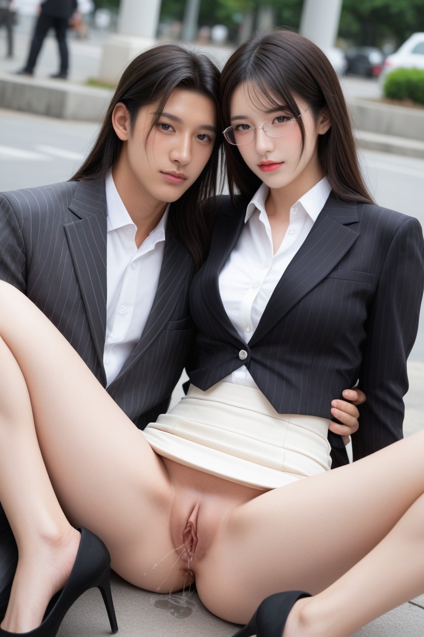 Sweety, White Pinstripe Blazer White Shirt, Pale Skin Porno asiático IA