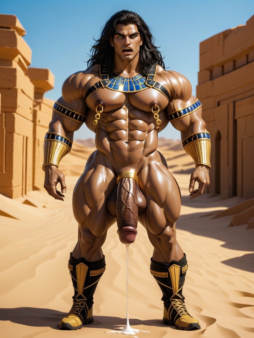 Ornate Gold Arm Bands, Hyper Massive Defined Lean Growing Pecs, Wasp Hyper Waist AI Gay Porn