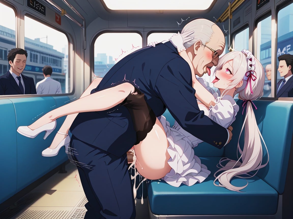 Train Jam Packed, Gothic White Dress, Tongue Kissing Hentai AI Porn