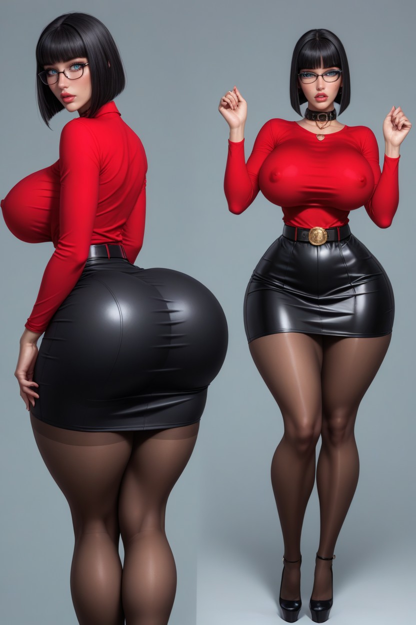 Glasses, Extremely Wide Hips, Red Longsleeves Shirt AI Porn
