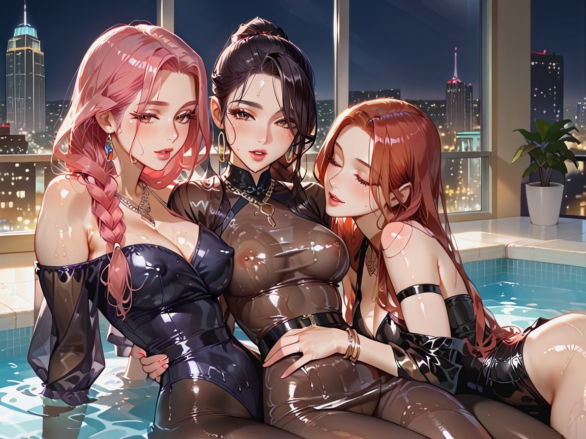 Third Woman Is Huntrix Mira, Extreme Amount Of Oil, Transparent Black Full Bodystocking Hentai AI Porn