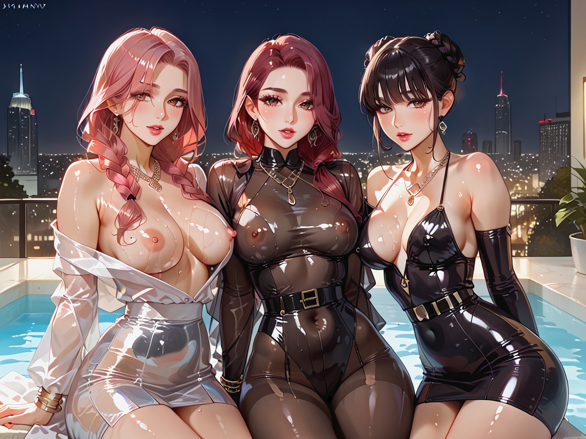 Second Woman Is Huntrix Rumi, 3 People, Oiled Skin Hentai AI Porn