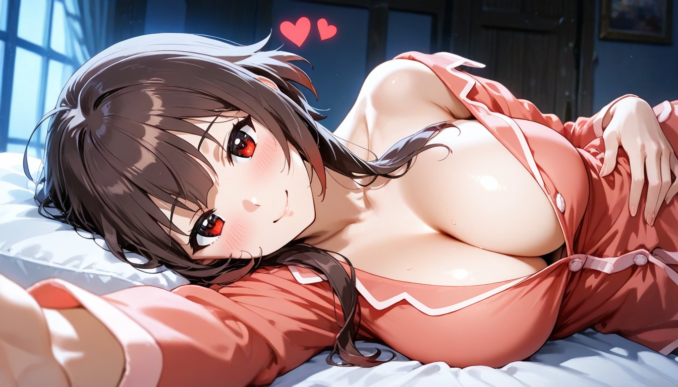 Love Hearts At Her Head, She Is Staring Viewer Adorably, Lying Sideways On The Bed Together Hentai AI Porn