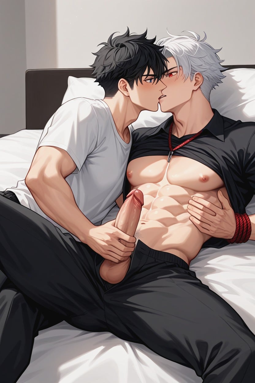 Both Do Not Face Each Other, Black Haired Man Groping White Haired Man, Groping AI Gay Porn