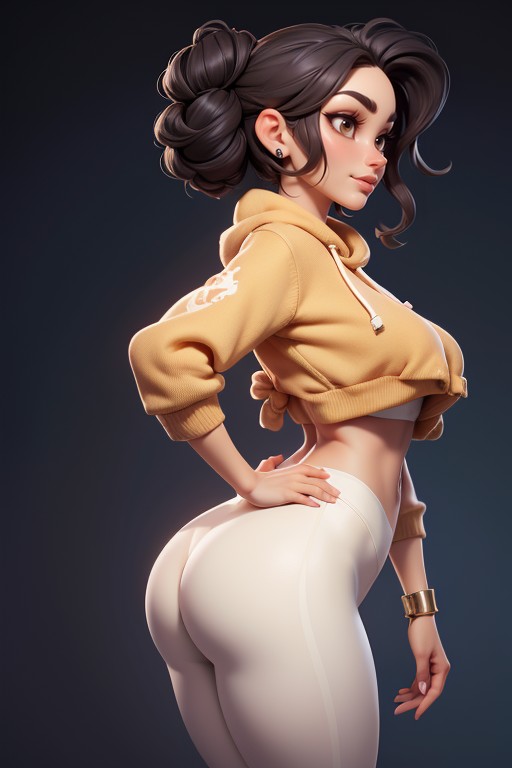 Dark Black Curly Hair Tied Up Into A Tight Hair Bun, Very Thick And Strong Looking Thighs, Sexy Hentai AI Porn