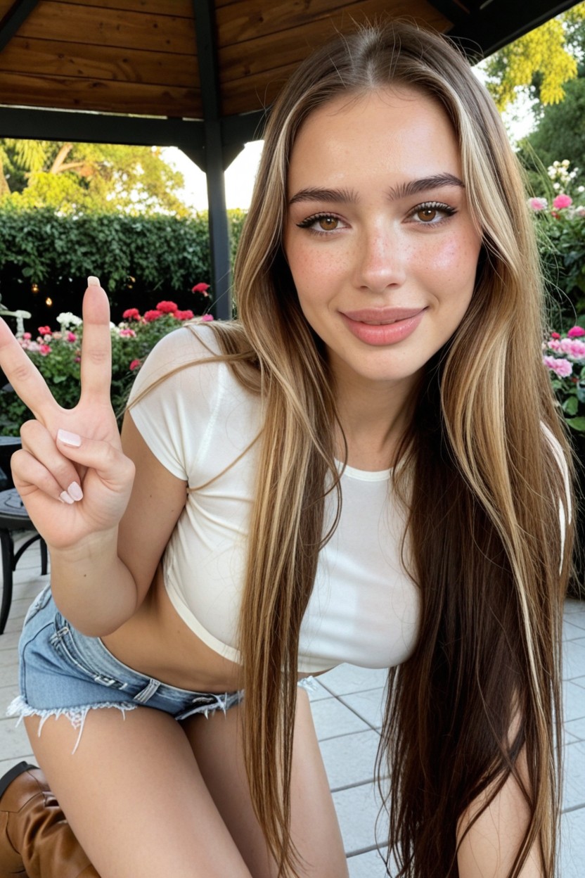 Brown Boots, Natural Face, Peace Sign AI Porn
