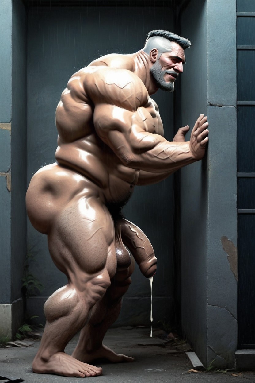 Huge Pecs, Cyberpunk City Alley, Vue De Côté Porno IA Gay