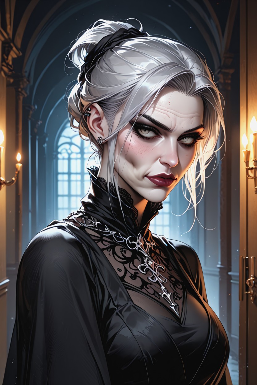 Pale Parchment Like Skin, Tight Black Gown, Lips Hentai IA