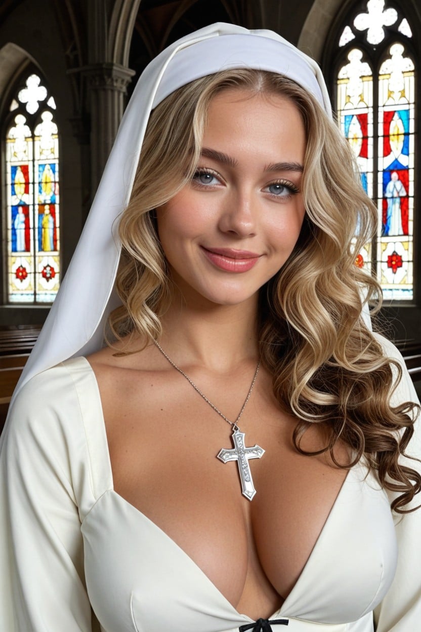 Happy, Large Expressive Blue Eyes, Long Blonde Hair Subtly Visible Under Veil AI Porn