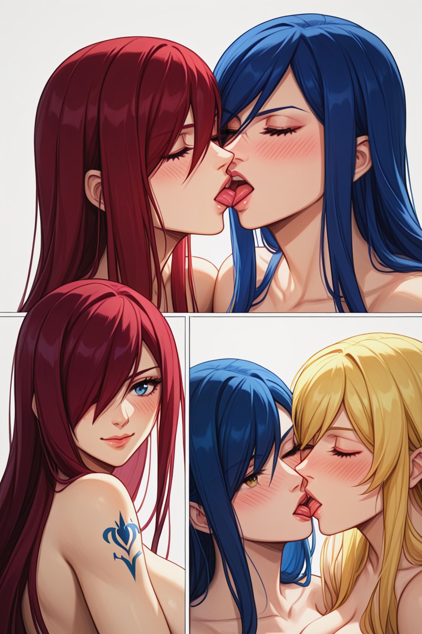 Trio, Long Hair, Blue Fairytail Tattoo Hentai AI Porn