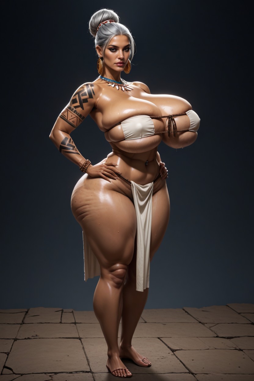 Oiled Skin, Long Silver Hair, Cellulite Breasts Hentai AI Porn