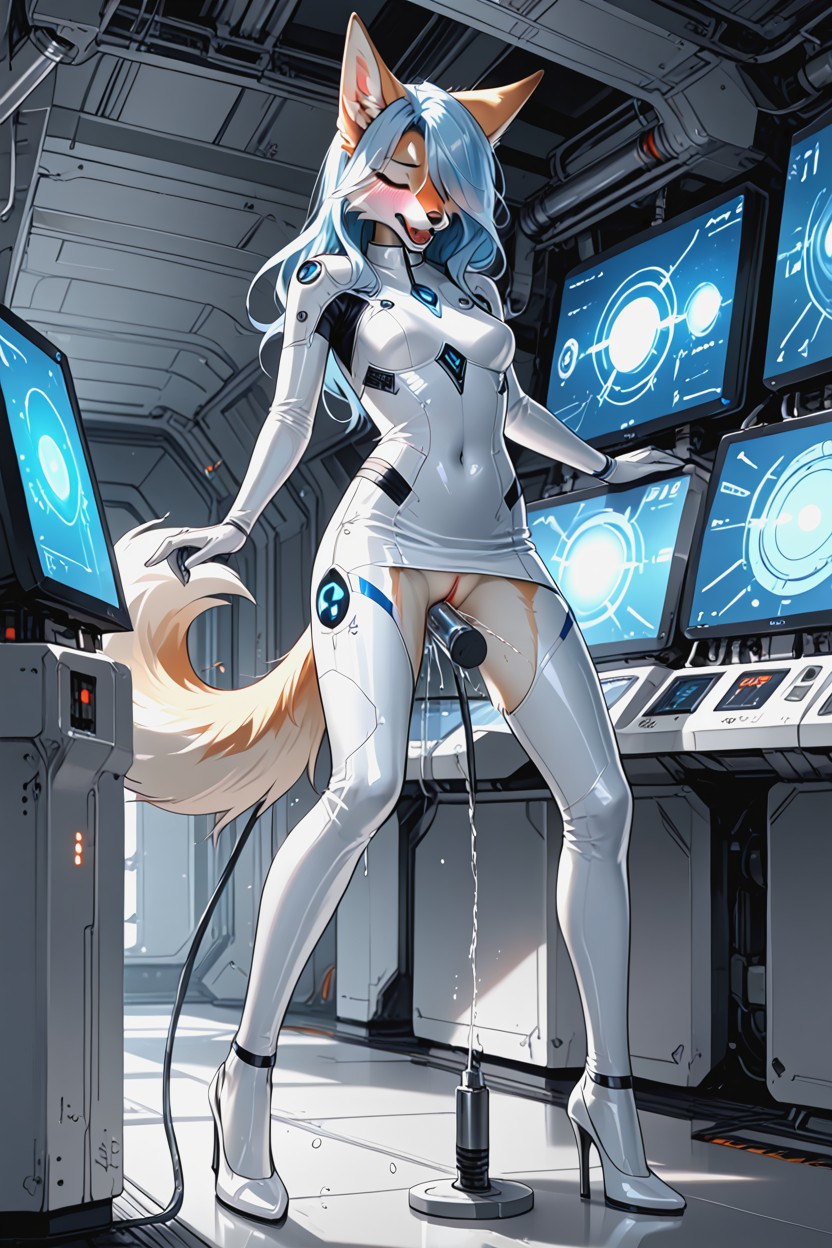 Blue Hair, Spaceship, Female Coyote Furry AI Porn