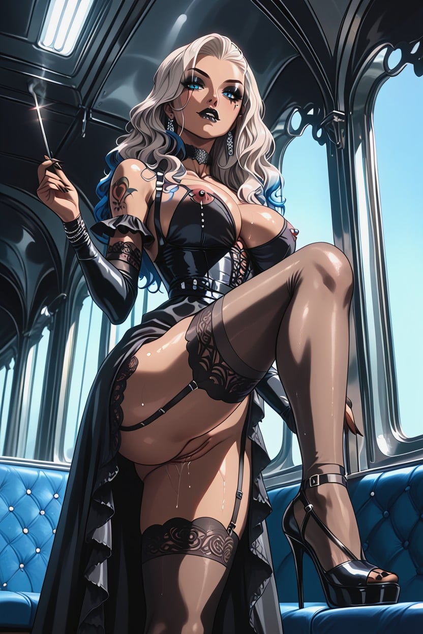 Silver Hair With Blue Highlights, Crempie, Panties Around Leg Hentai AI Porn
