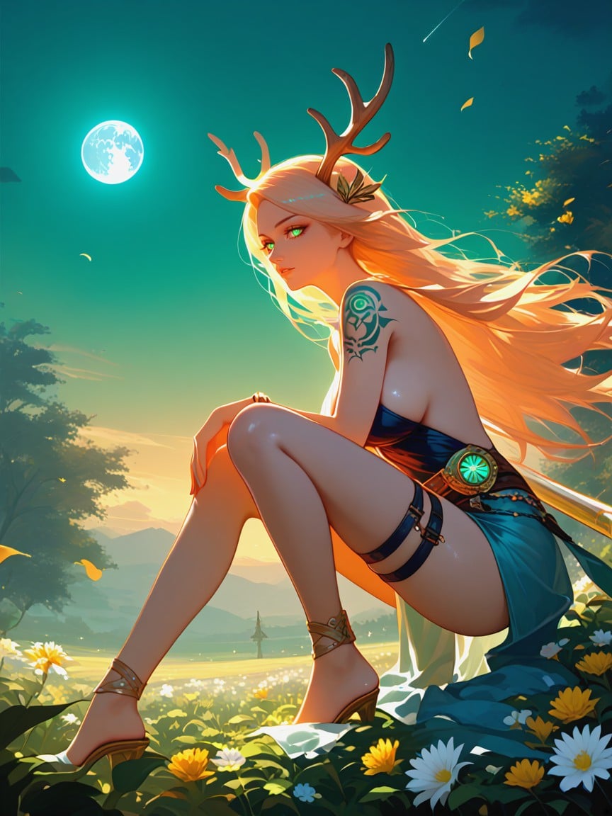 Side Boob, Antlers, Crouching On Tree Branch Hentai AI Porn