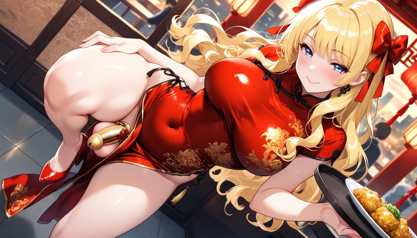Blonde Hair, Cheongsam With Gold Line Edgedetailed, Blushed Face Hentai AI Porn