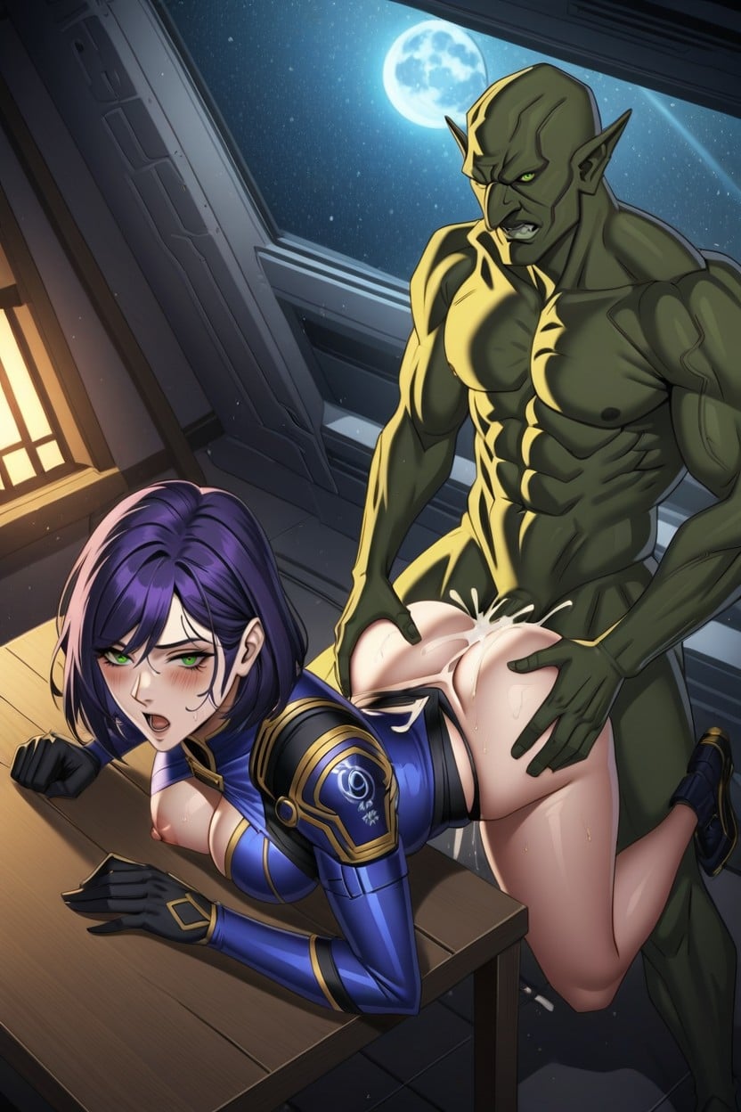 Green Mechanical Robot Goblin Fuck Woman, Side View, Embarrassed AI Porn