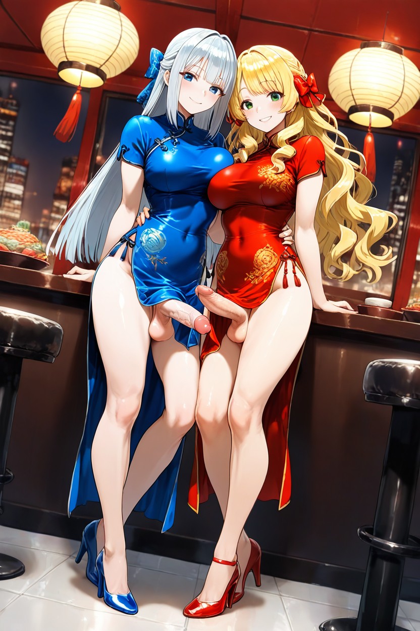 Pretty Idol Face, Lesbian, Futa Is Glossy Blonde Long Wavy Hair With Low Side Twin Hair Rad Bow Hentai AI Porn