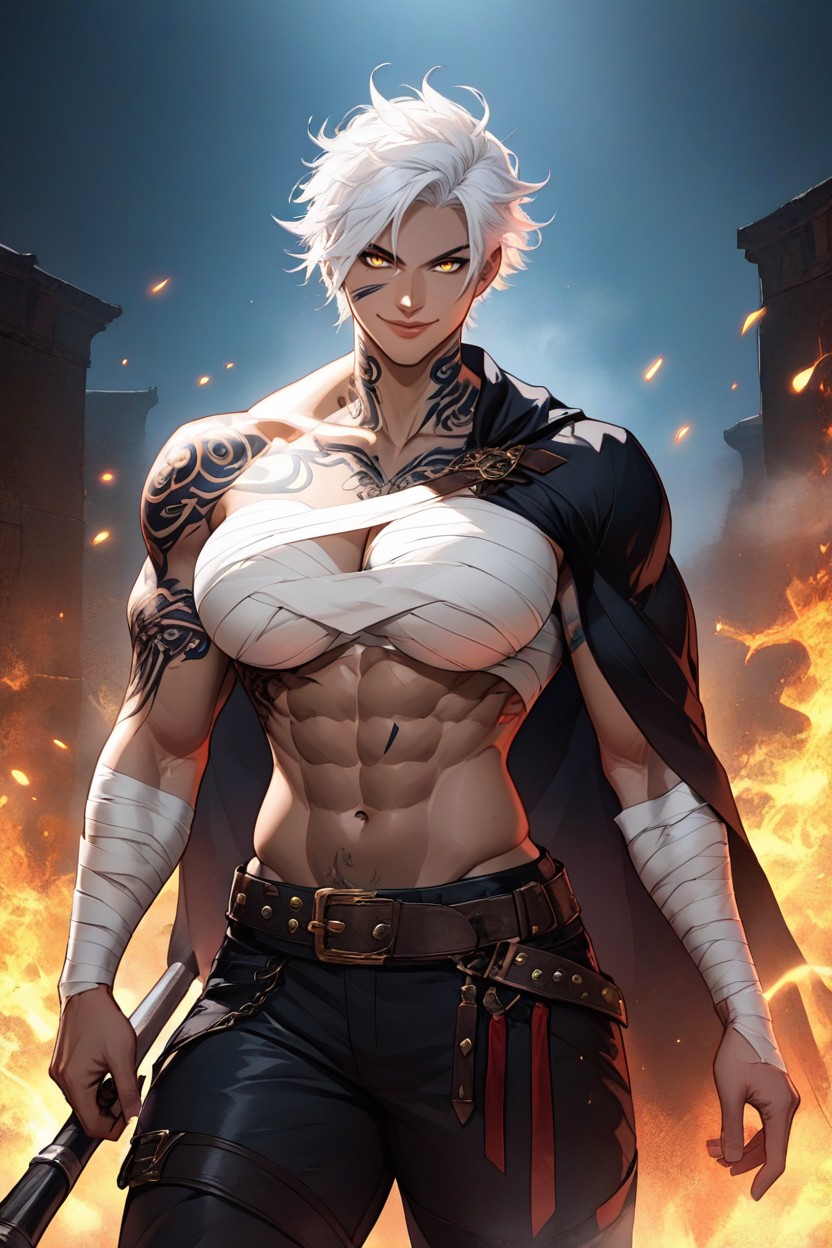 Wrapped White Bandages Covering Chest And Upper Torso, Cinematic, Holding A Massive Double Bladed Battle Axe Over Her Shoulder Hentai AI Porn