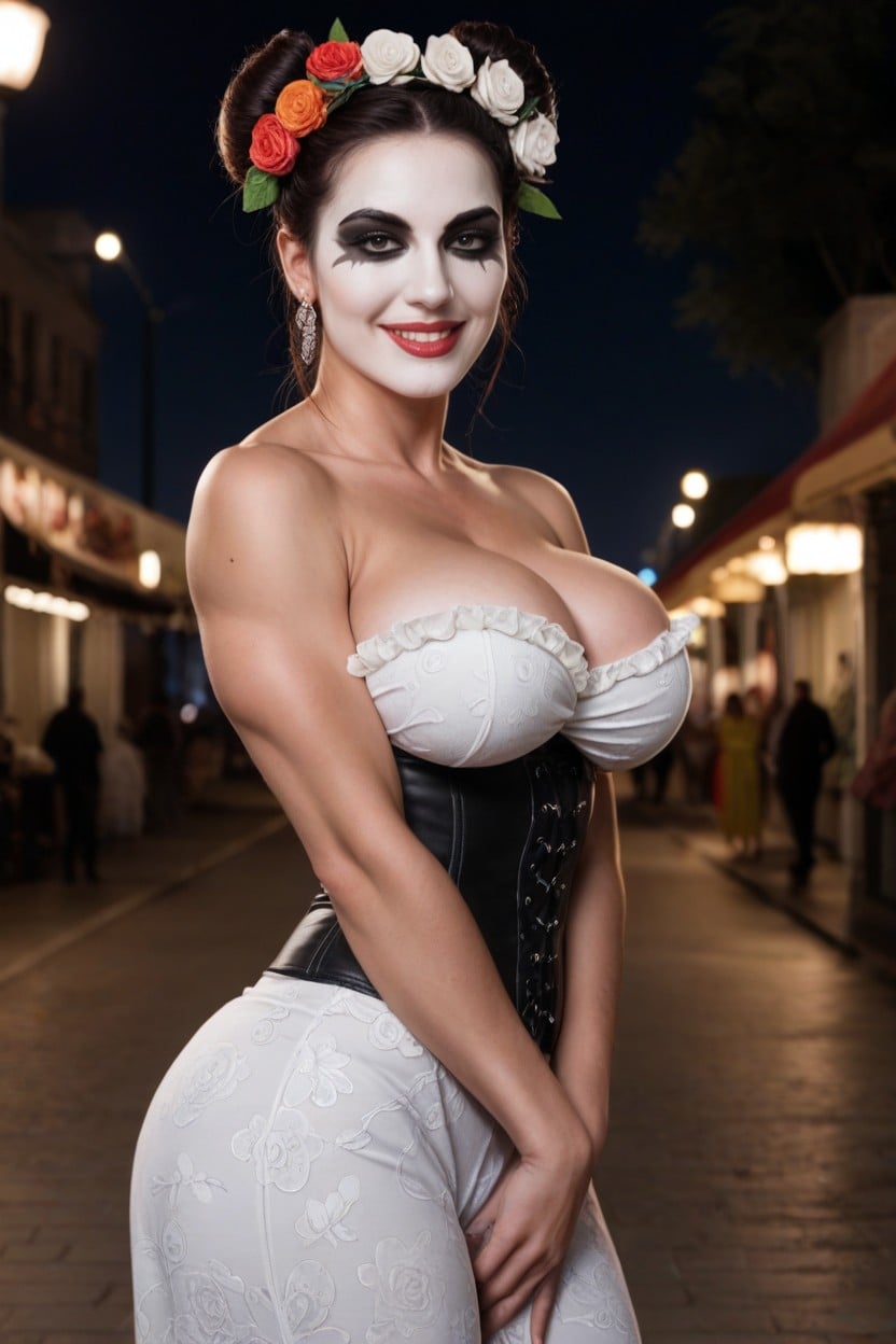 Wide Hips, Intricate Skeletal Face Paint, Da De Los Muertos AI Porn