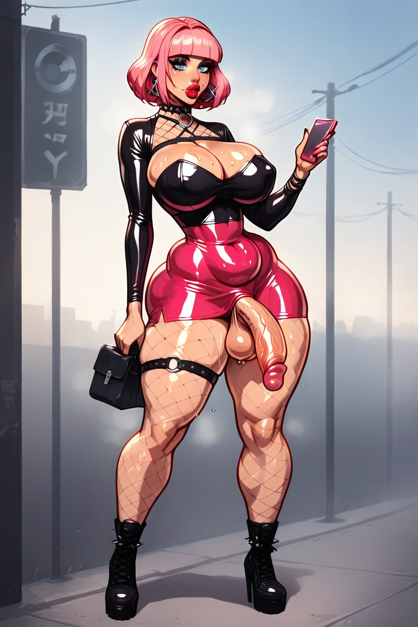 Latex Suit, Tight Pink Thigh Straps, Fishnet Choker Hentai AI Porn