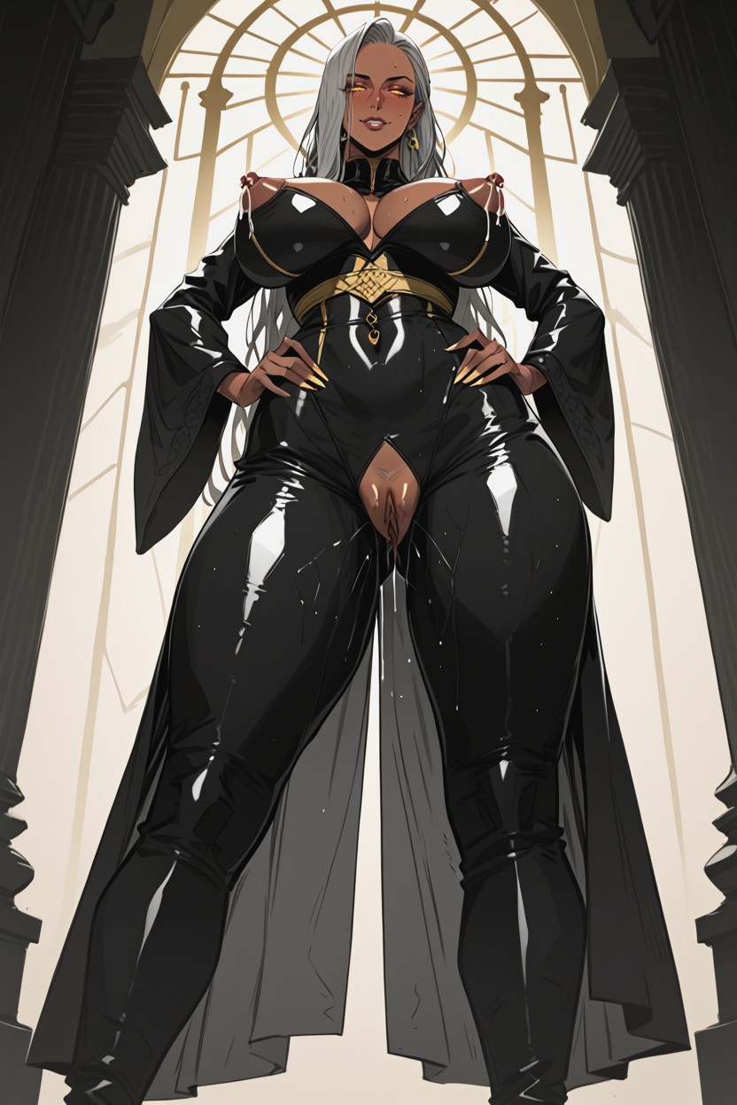 Very Wide Hips, Voluptuous Thick Body Tanned Skin, Front View Hentai AI Porn
