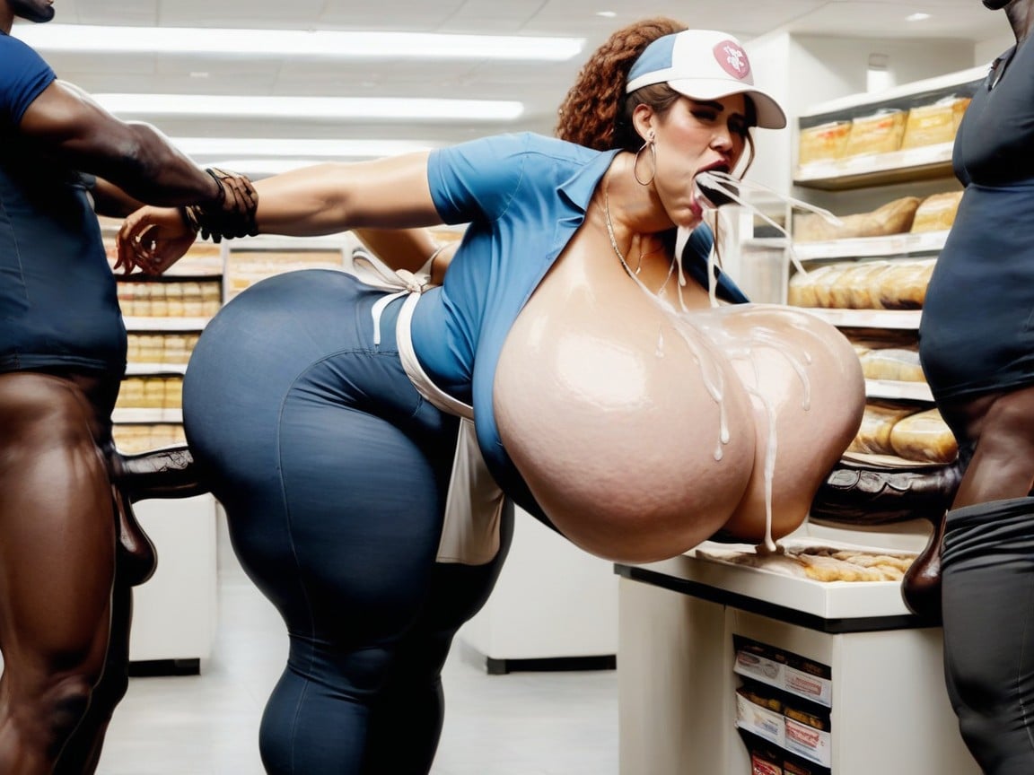 Grocery, Cock Slides Entirely In And Out Of Her Mouth And Throat, Woman Has Surprised Expression AI Porn