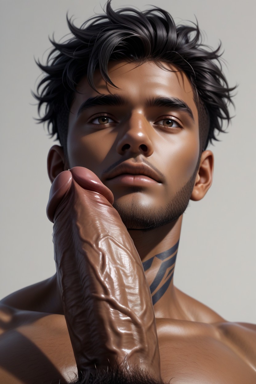 Veiny Cock, Close Up, Long Black Hair Covering Eyes AI Gay Porn