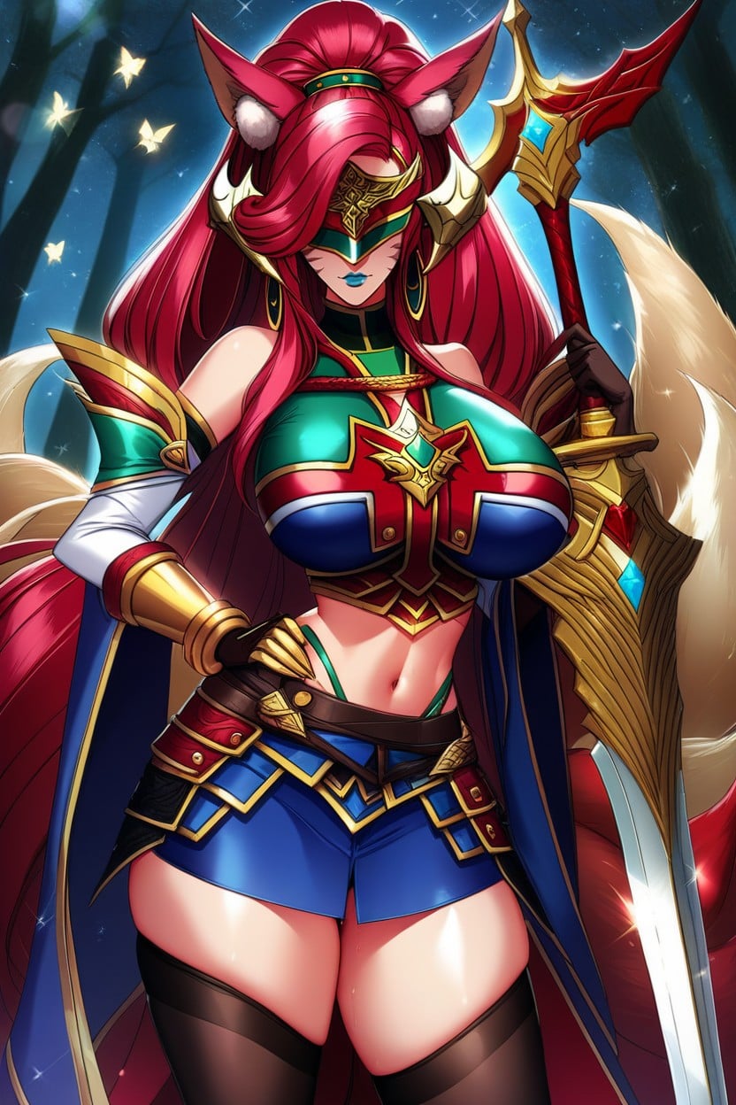 Blue Sleeveless Turtleneck Undershirt, Gold Helmet Mask Over Eyes, Holding Huge Massive Sword Hentai AI Porn