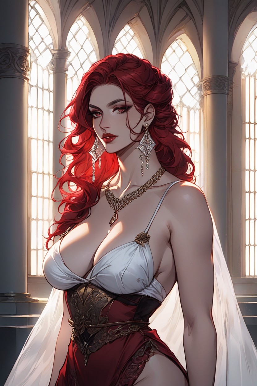 Wearing A Deep Crimson Evening Gown With A Low Neckline And Puffed Shoulders, Massive Ass, Red Hair Hentai AI Porn