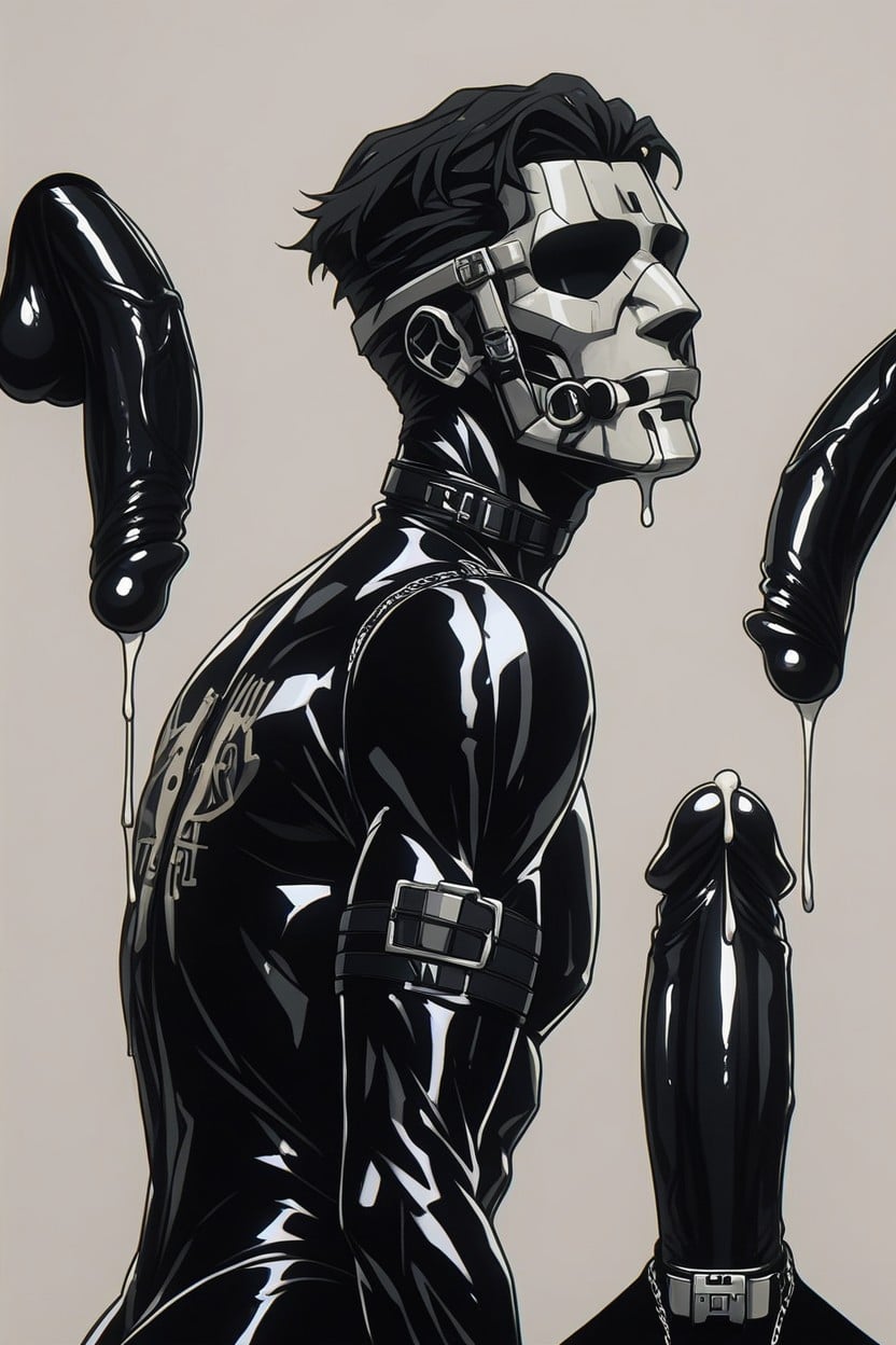 Side View, Latex Face, Drone Porno gay IA