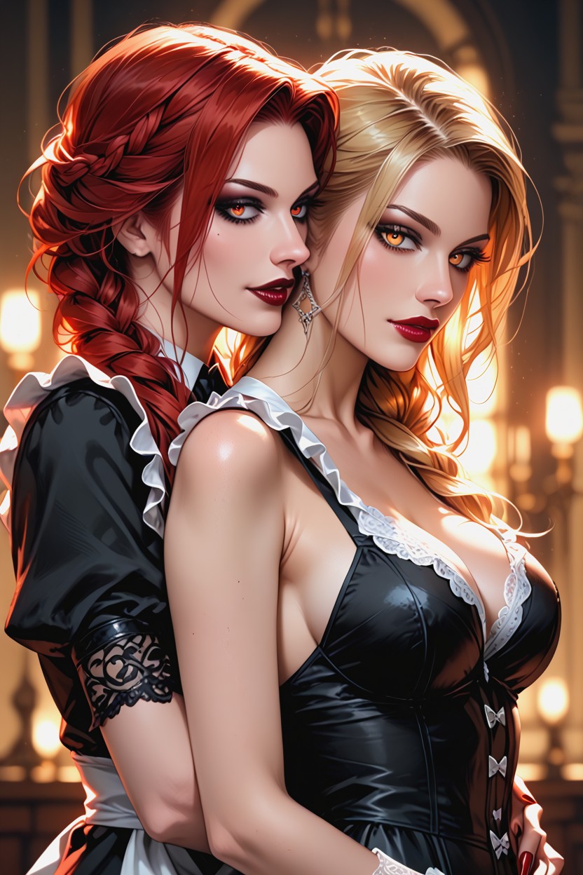 Soft Bokeh, Two Women, Crimson And Black Tones Hentai AI Porn