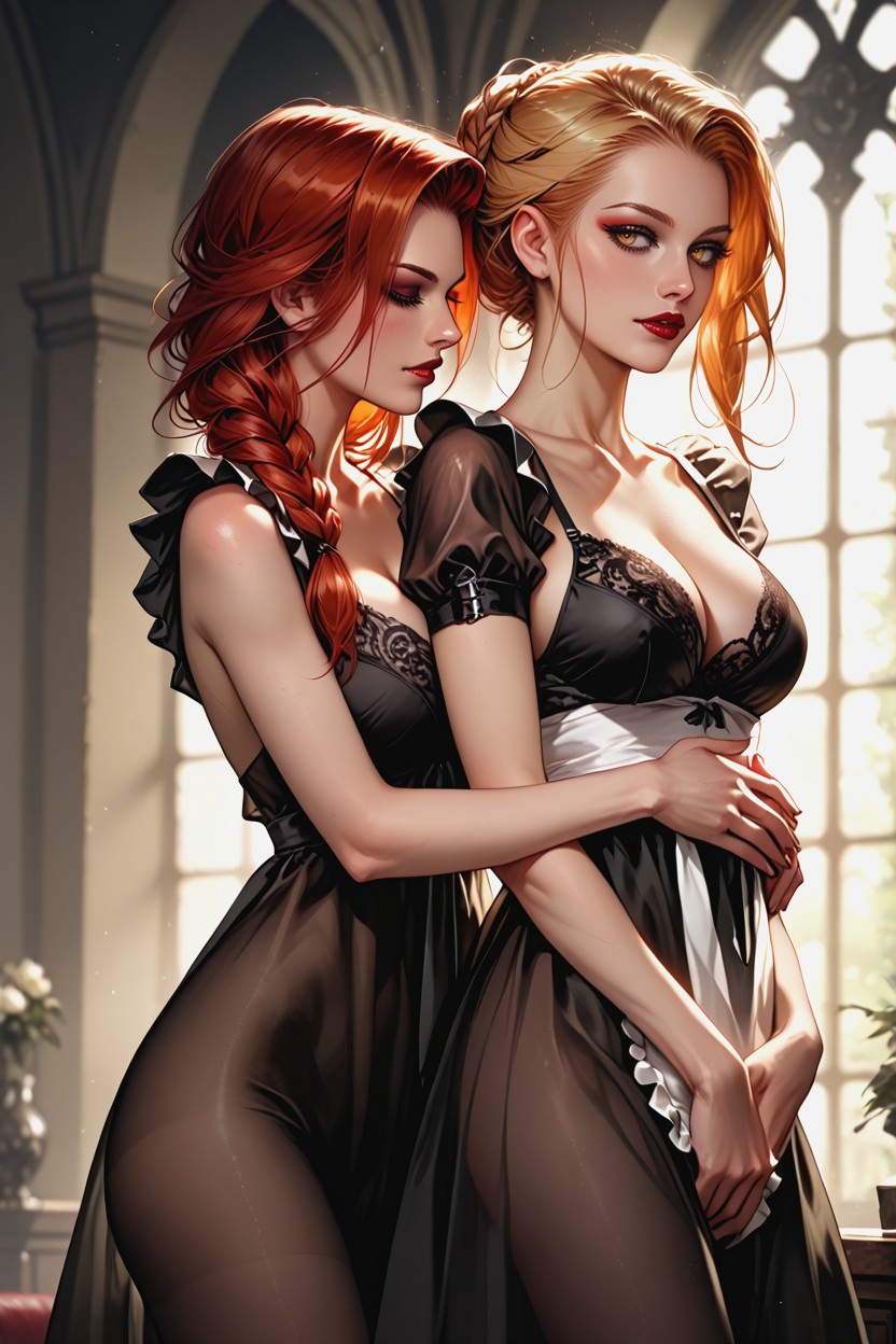 Blonde Woman In Front, Two Women, Crimson And Black Tones Hentai AI Porn