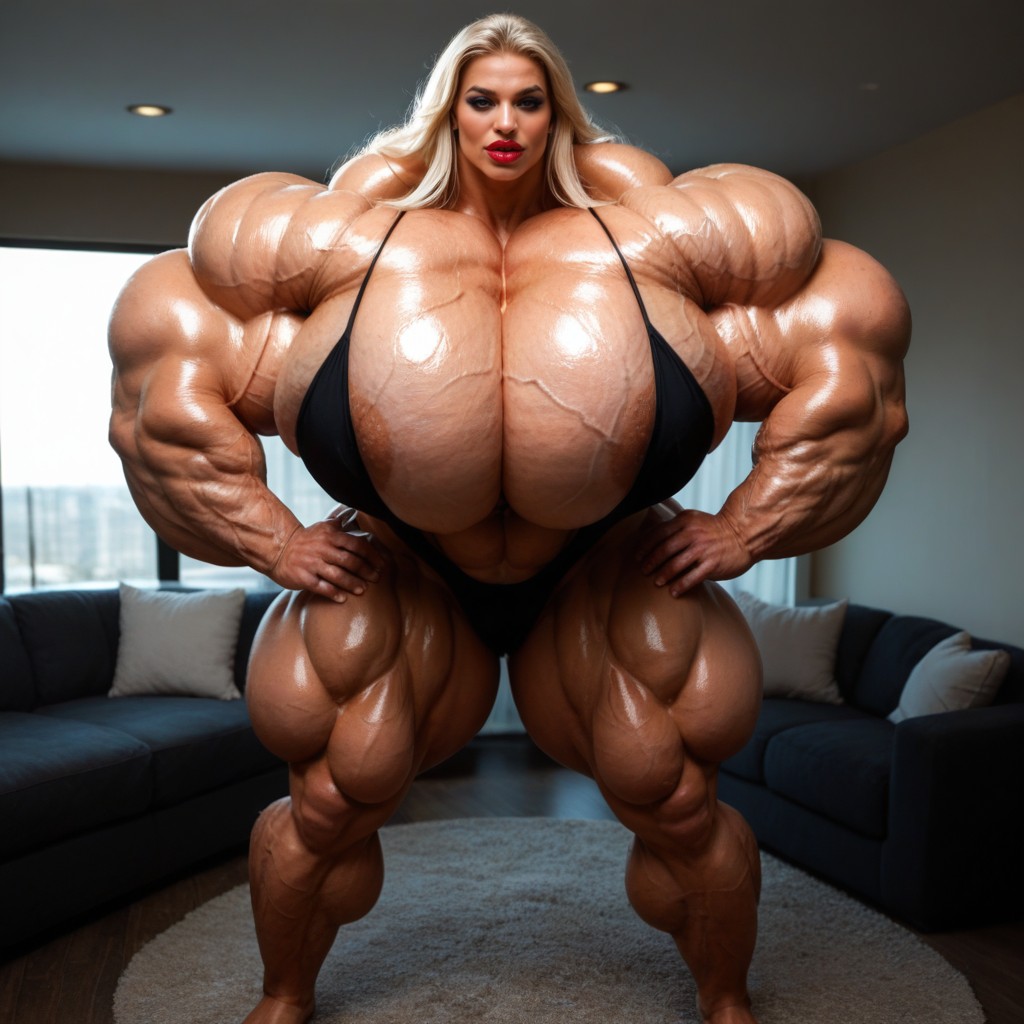 Hyper Gigantic Biceps, Hyper Wasp Waist, Excessive Amounts Of Huge Veins On Muscles Bimbo Face AI Porn