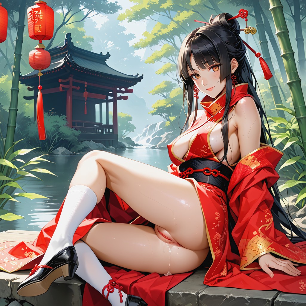 Exotic Beauty, Ancient Chinese Gate In Background, Chinese Hentai AI Porn