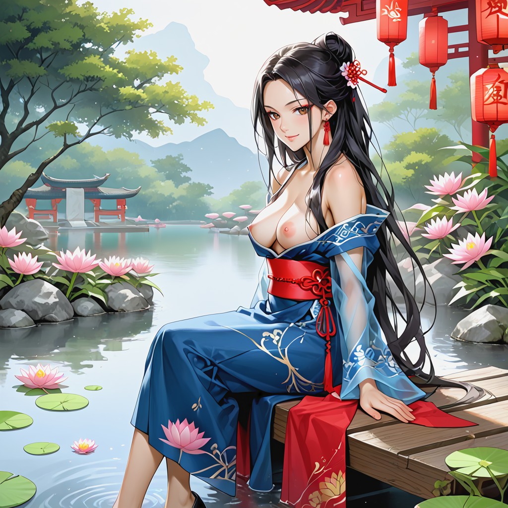 Hanfu Opened Sideways, Green Two Tone Hanfu, Medium Ass Hentai AI Porn