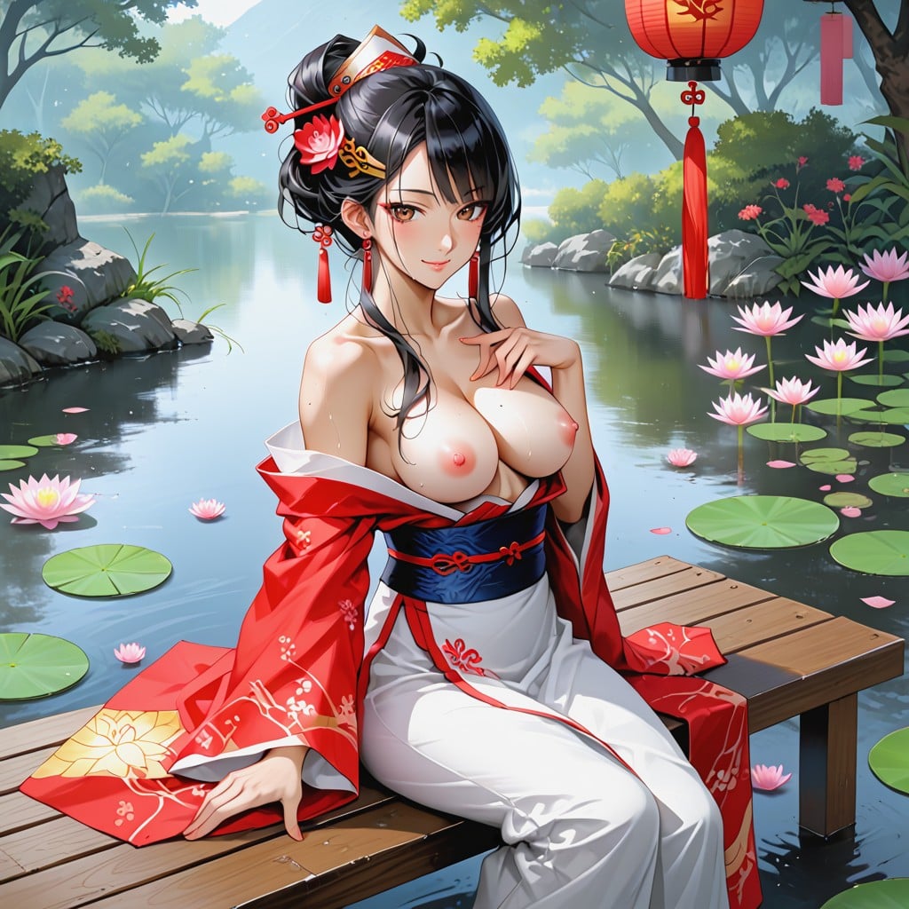 Long Black Hair, Flower Pattern On Shoes, Flower Pattern On Sleeves Hentai AI Porn