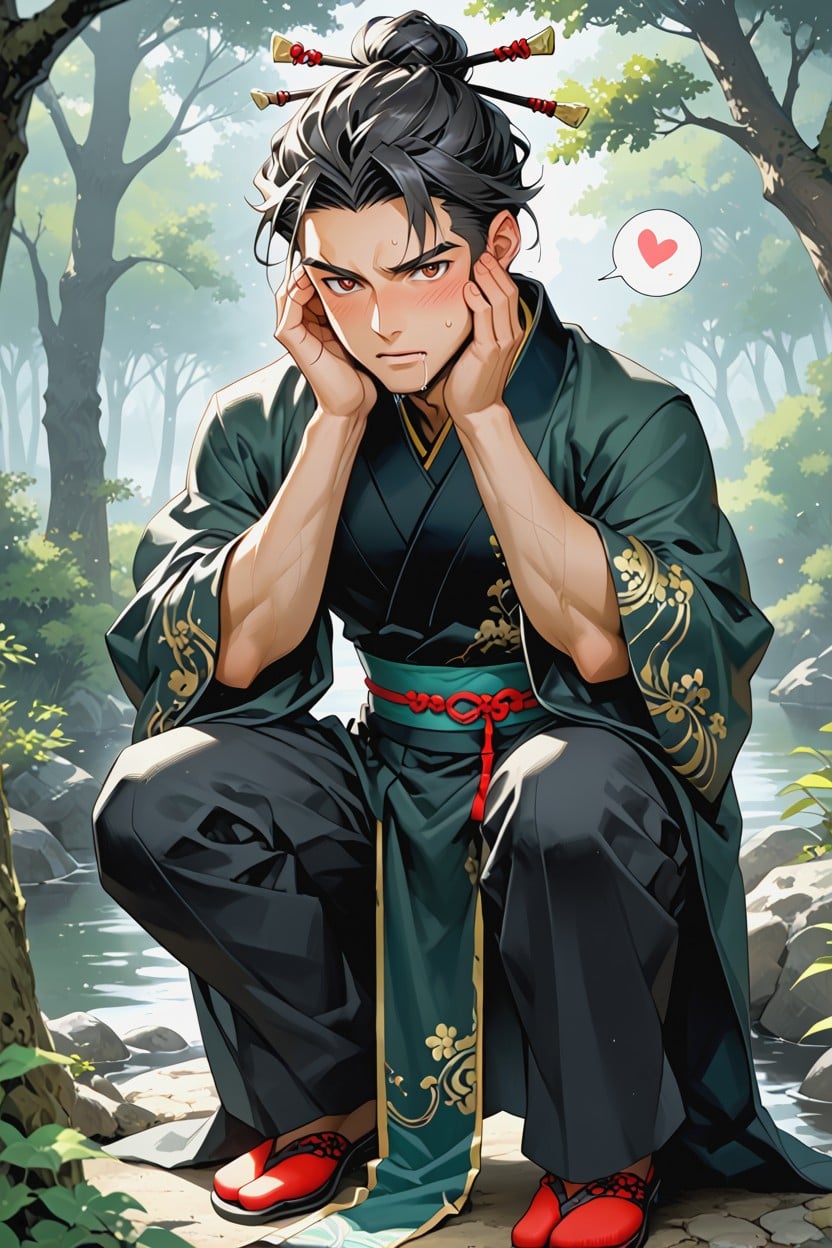 Mid Parted Hair, Green Colored Robe, Top Down Hentai AI Porn