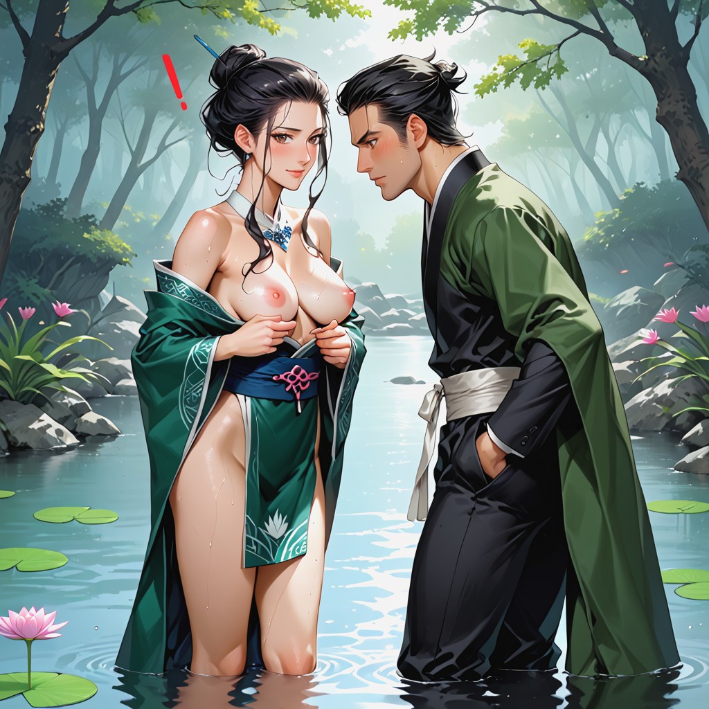 Man Both Hands Holding Long Green Cloth Robe, Man Standing, In Forest River Side Hentai AI Porn