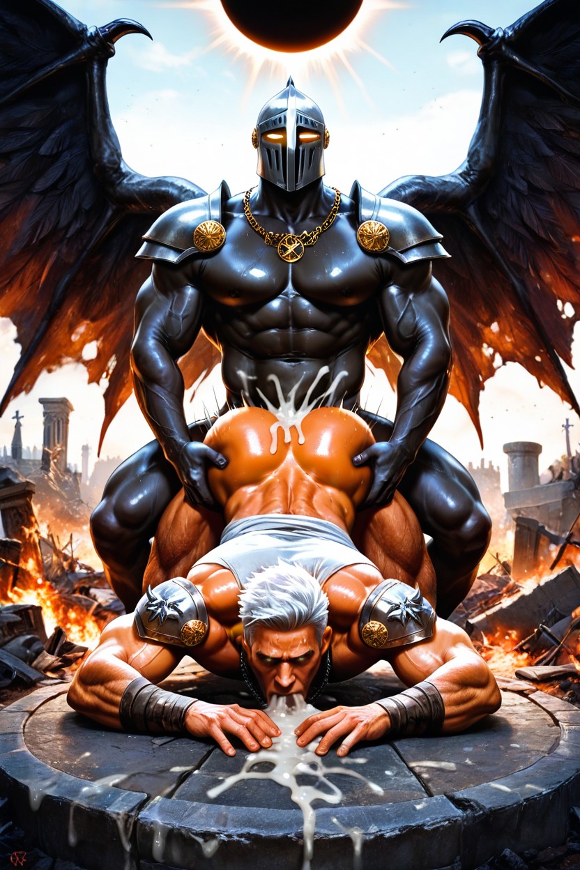 A Giant Red Skinned Demon With Huge Wings And A Human Male, Blowjob, Feather Necklace Porno IA Gay