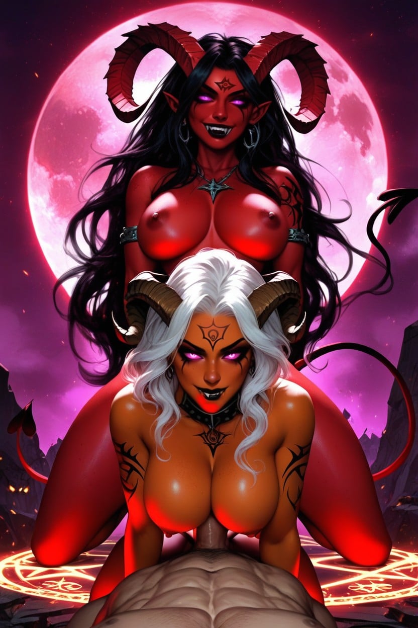Male, Full Body, Second Demon Is Summoned From An Orange Demonic Summoning Circle In The Background Hentai AI Porn
