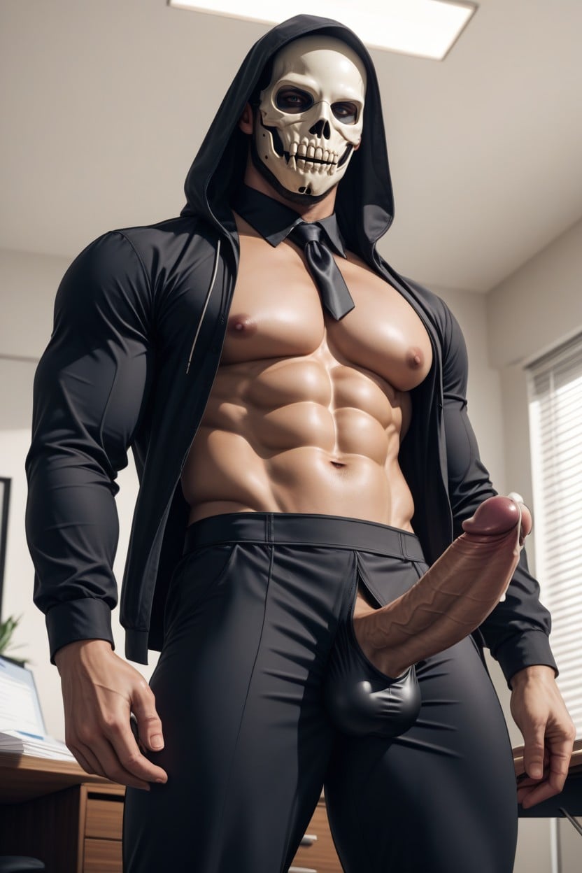 Tight Black Hood, Open Dark Shirt, Standing AI Gay Porn