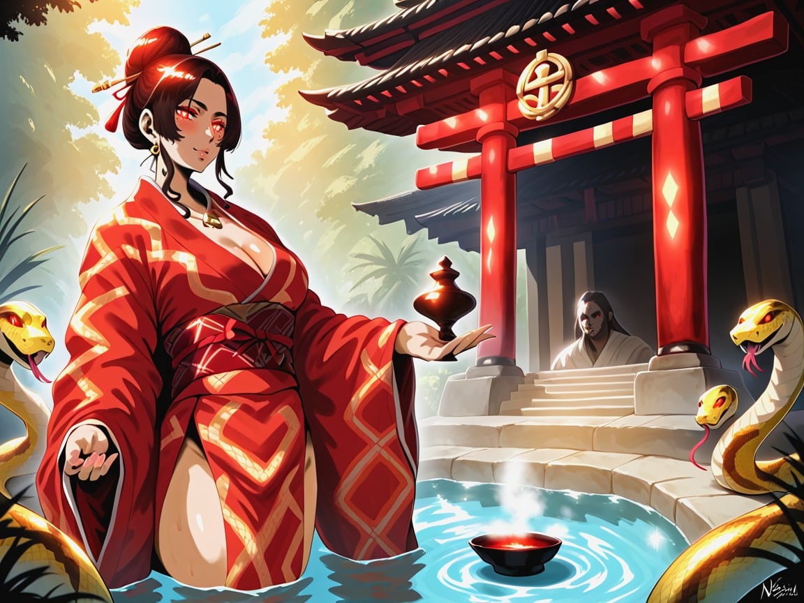 Red Snake Print Kimono, Incense In Distance, Maigre Porno IA Latina