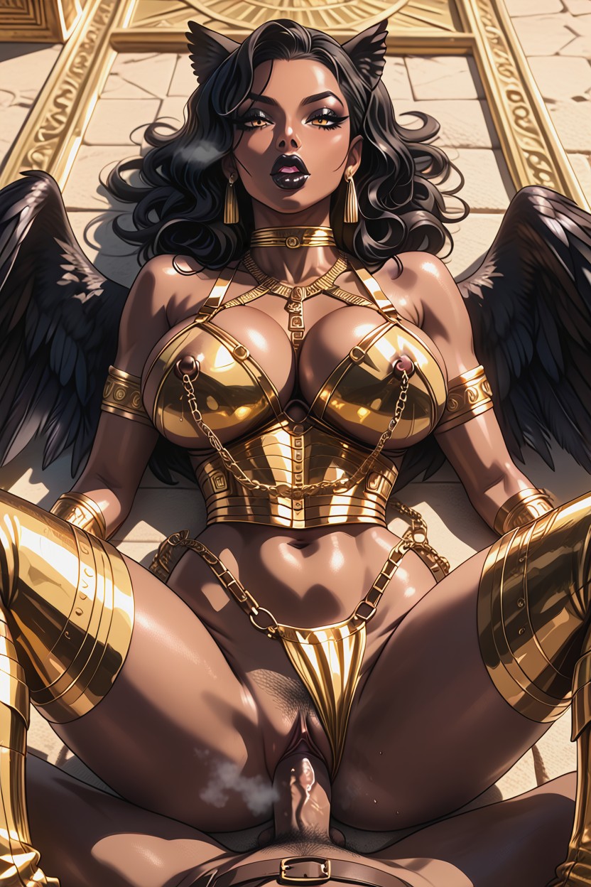Bimbo, Gold Bondage Body Harness, Gold Earrings Hentai AI Porn