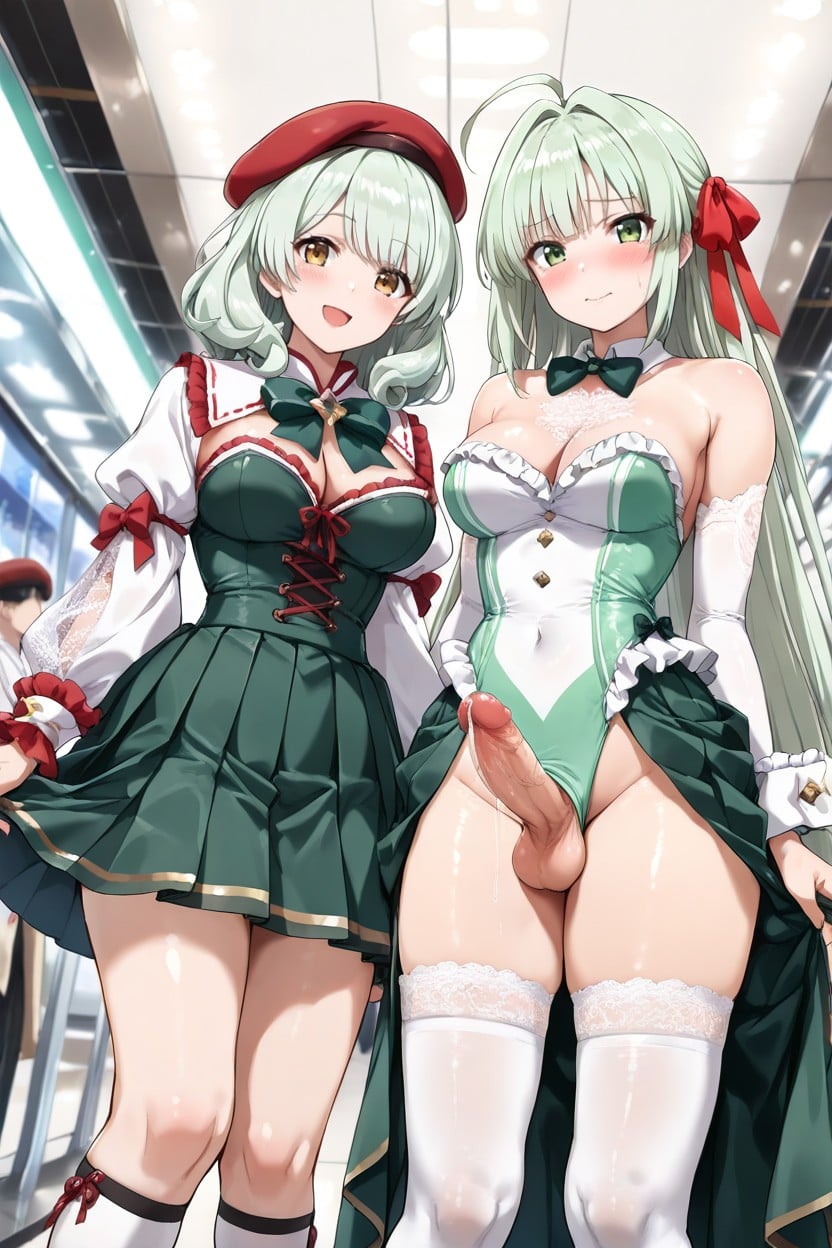 Dark Green Pleated Skirt With Long Length, Red Bow On The Round Collar, Smiling At Viewer Hentai AI Porn