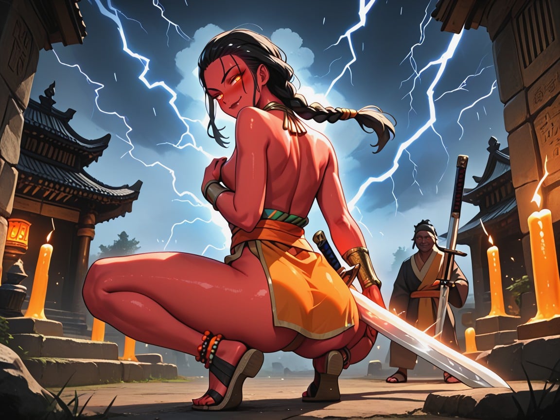 Lightning Wrapping Around Sword, Red Skin, Orange Tribal Wear AI Porn