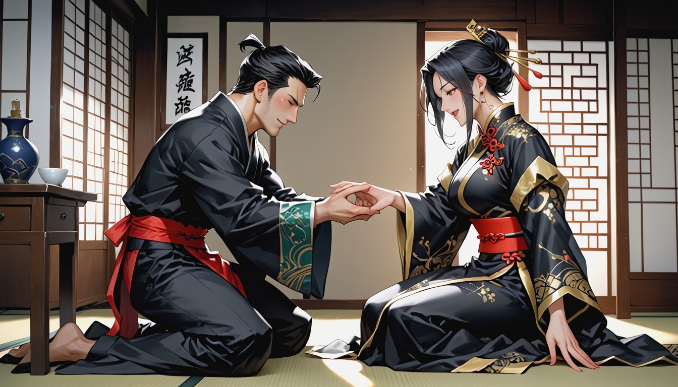 Woman Half Wispy Bangs, In Traditional Chinese House, Woman Open Mouth Hentai AI Porn