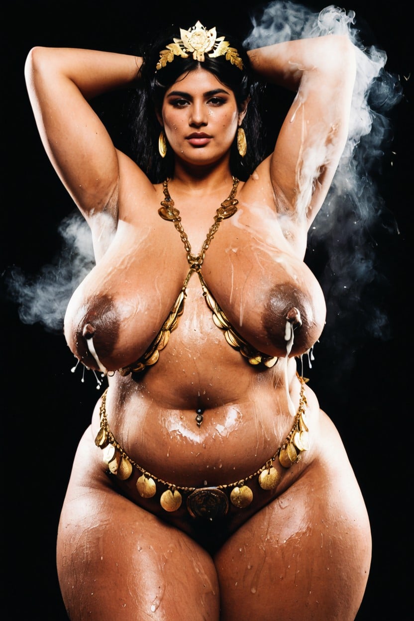 Excessive Cum On Body, Extremely Erect Nipple, Jeweled Navel Piercing BBW AI Porn