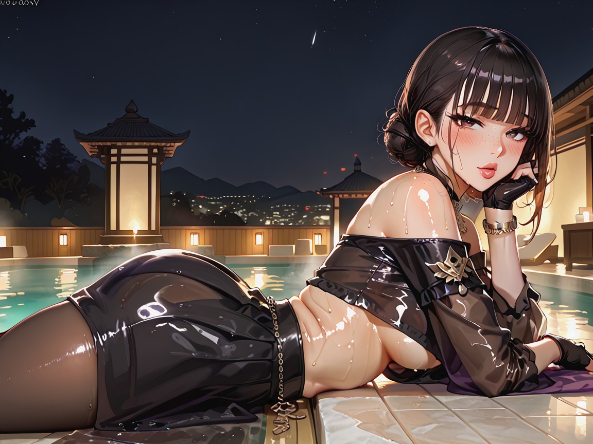 Extremely Wet Clothes, Looking At Viewer, Black Hair In Low Buns Hentai AI Porn