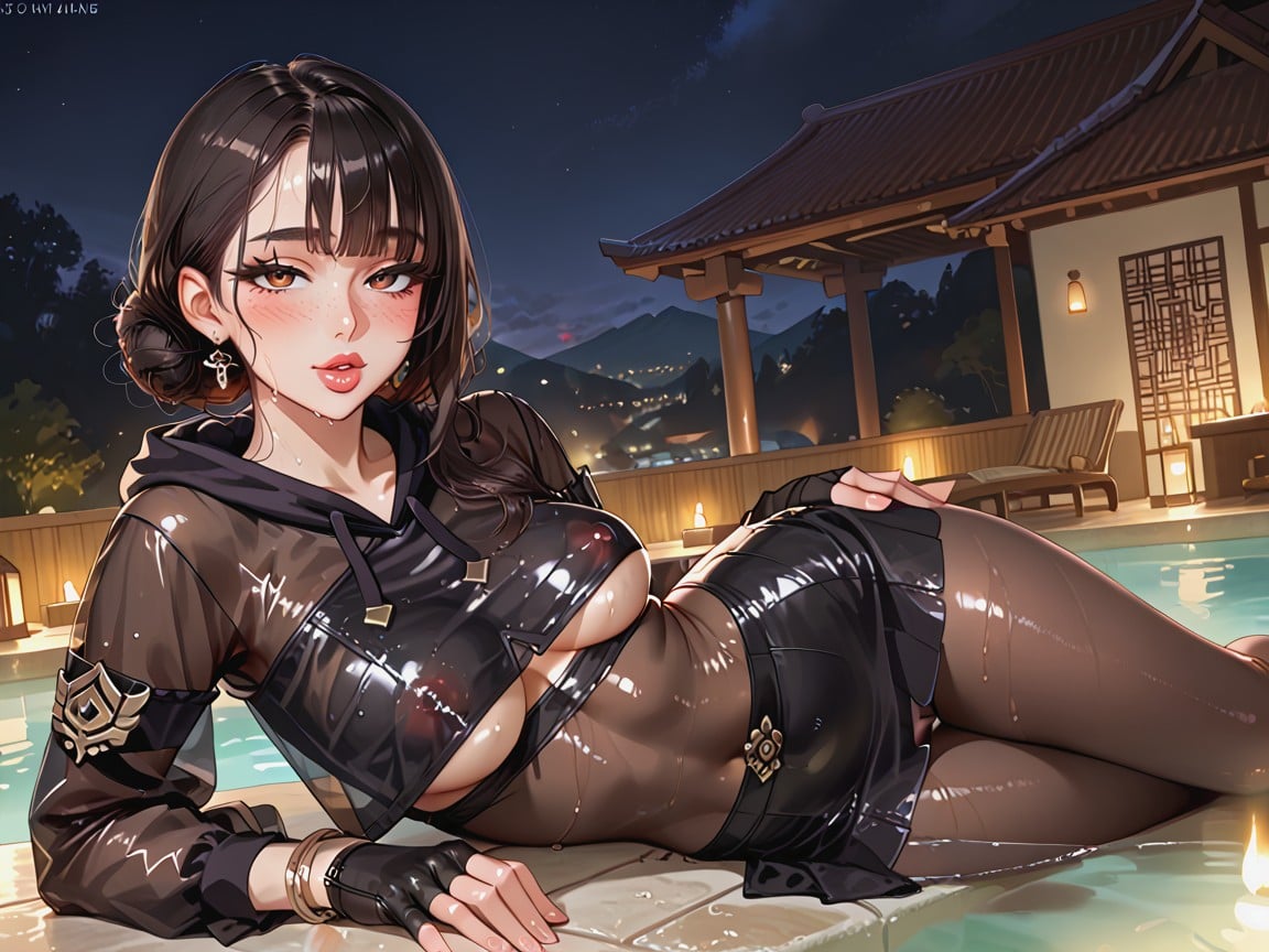No Glitches, Transparent Luxurious Black Off Shoulder Sleeves With Fingerless Gloves, Oiled Skin Hentai AI Porn