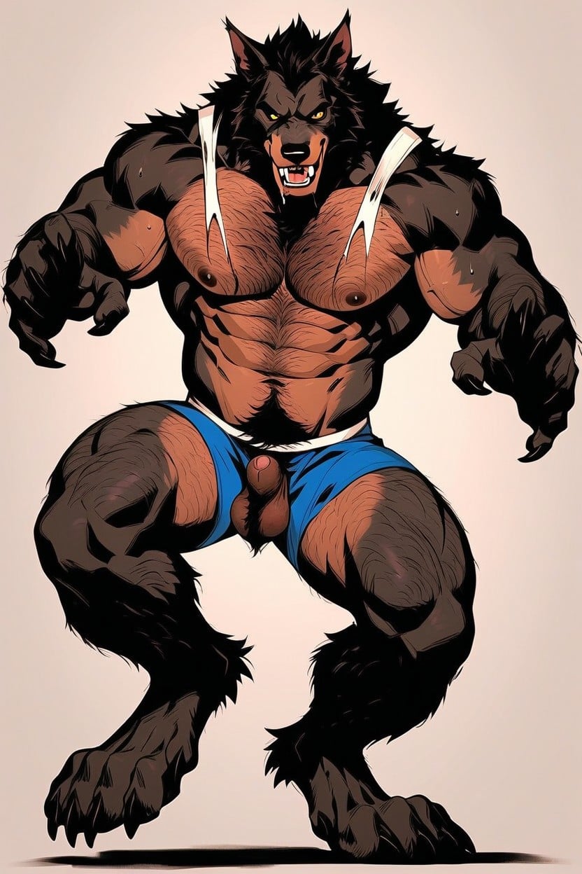 The Werewolf Is Covered In Black Fur, Muscular Upper Body And Muscular Chest With A Thick Patch Of Chest Hair, 小 AI同性戀黃片